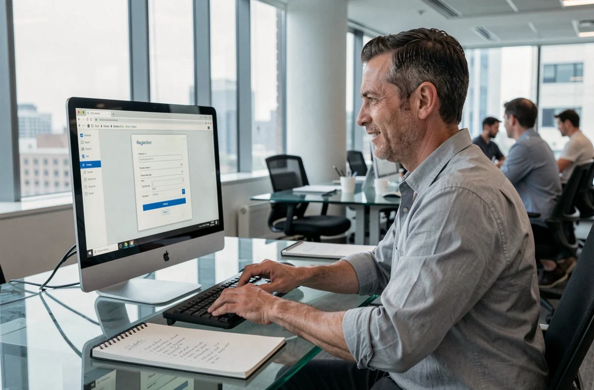 Homme activant un compte mail de la ville de Strasbourg depuis un bureau professionnel en open space