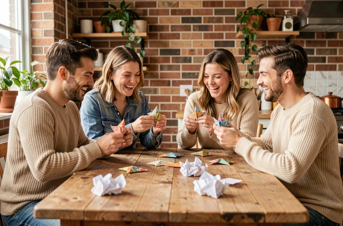Groupe d'adultes qui jouent avec des cocottes en papier colorées autour d'une table en bois rustique