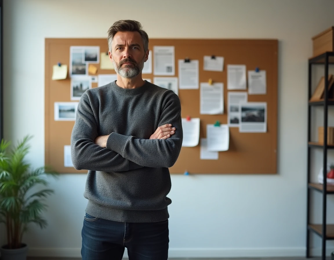 Homme analysant un tableau de critiques et d'avis imprimés dans un espace de travail minimaliste pour démêler mythe et réalité