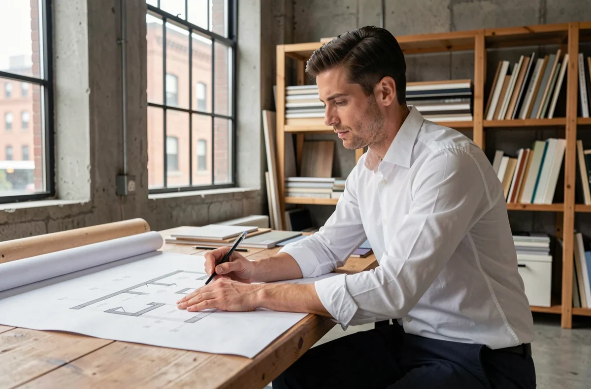 Architecte dessinant des plans de maison sur mesure dans un studio d'architecture moderne