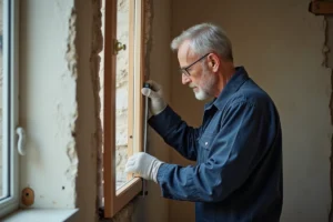 Artisan mesurant un encadrement de fenêtre avant remplacement dans un appartement français, formalités de changement de fenêtres