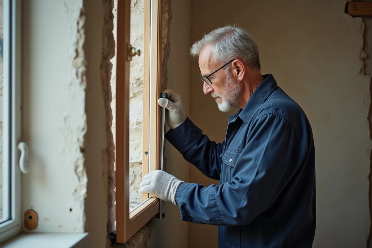 Artisan mesurant un encadrement de fenêtre avant remplacement dans un appartement français, formalités de changement de fenêtres