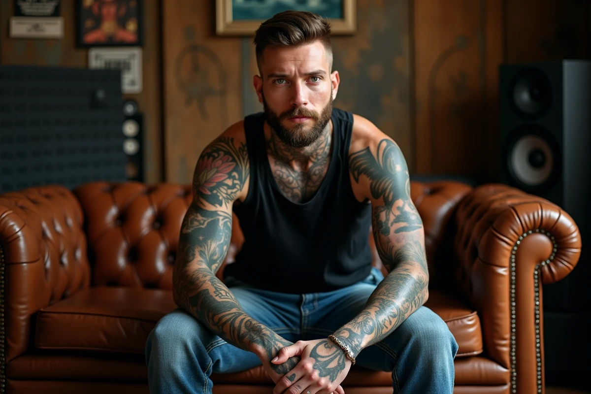 Artiste tatoué assis dans un studio d'enregistrement vintage, tatouages visibles sur les bras et les épaules