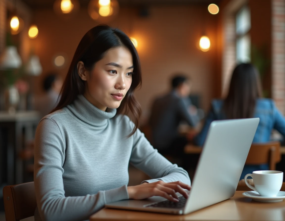 Femme consultant des avis en ligne sur un ordinateur portable dans un café moderne pour évaluer une réputation professionnelle