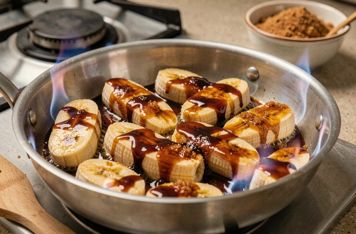 Bananes flambées dans une poêle avec une sauce au beurre et au sucre roux caramélisé