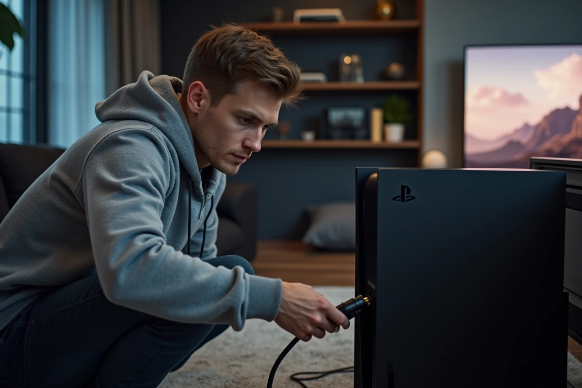 Homme branchant un câble HDMI derrière une console PS5 dans un salon moderne avec télévision 4K au mur