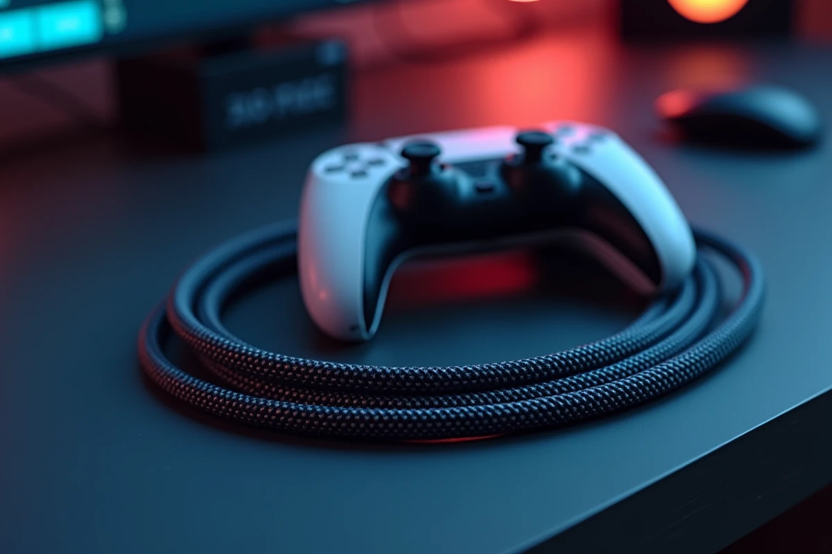 Câble HDMI 2.1 tressé avec connecteurs dorés posé à côté d'une manette DualSense PS5 sur un bureau gaming sombre