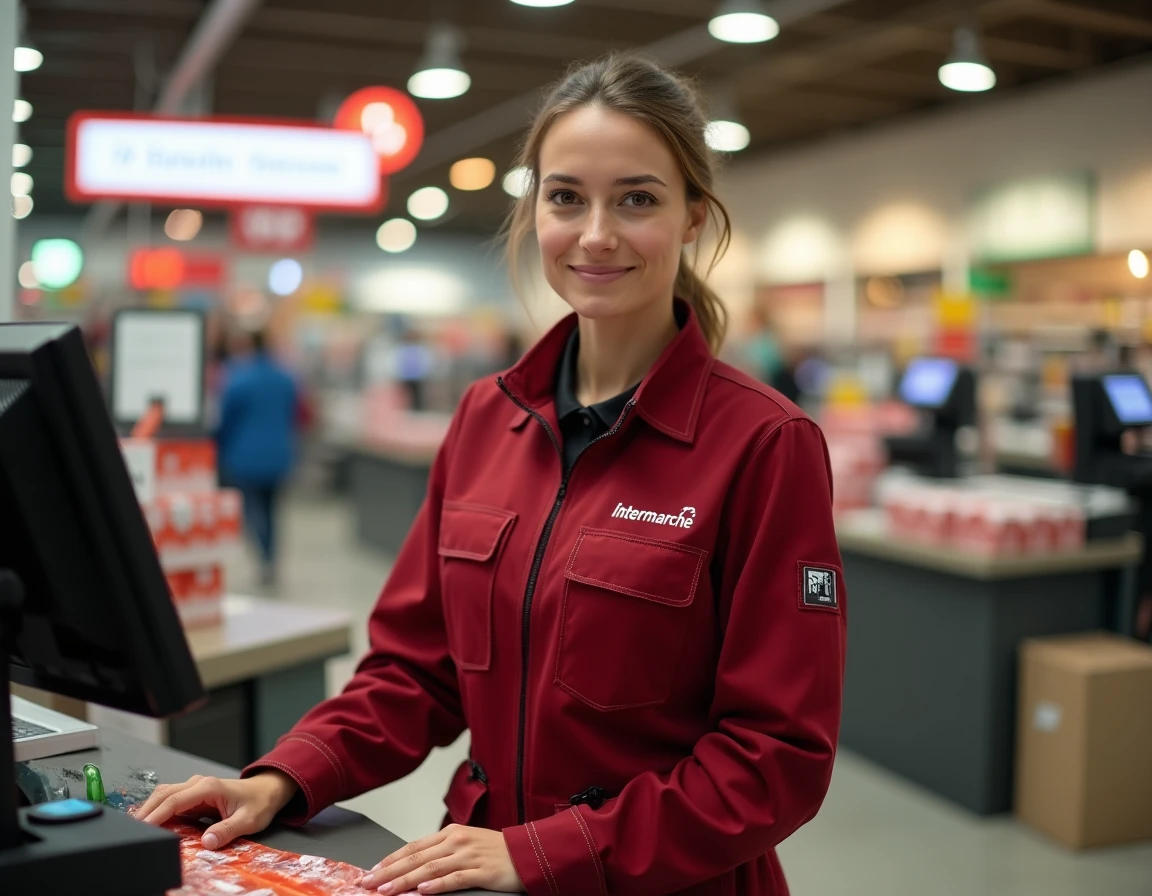 Caissière Intermarché portant une veste de travail rouge ergonomique à la caisse d'un supermarché