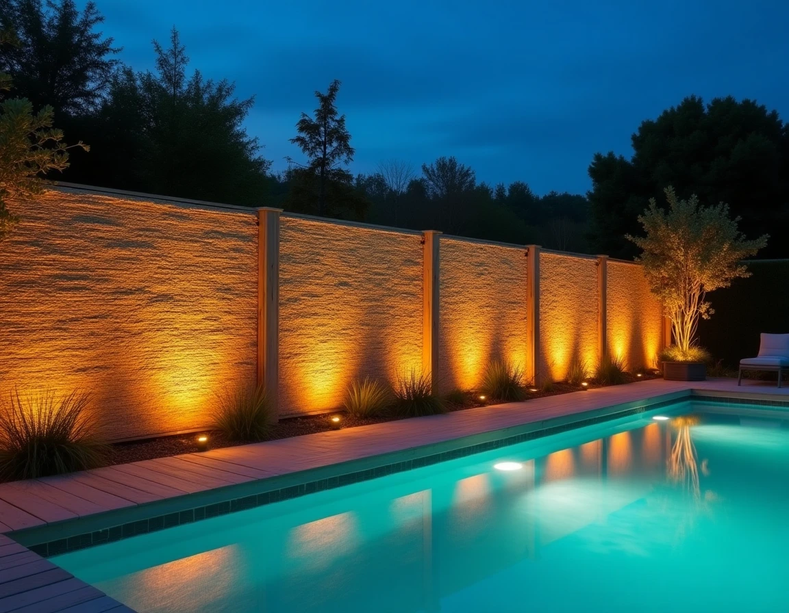 Canisse en brande de bruyère avec éclairage intégré derrière la clôture d'une piscine extérieure au crépuscule