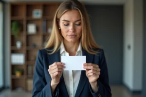 Femme d'affaires tenant une carte de visite professionnelle avec numéro SIRET en bureau moderne