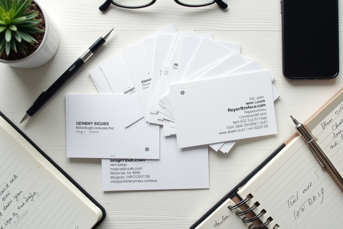 Vue à plat de cartes de visite professionnelles avec mentions légales et numéro SIRET sur bureau en bois