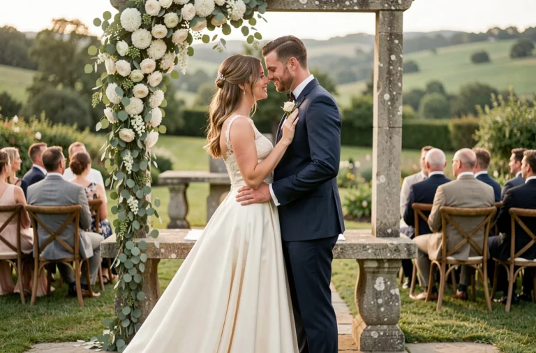Mariés échangeant leurs vœux lors d'une cérémonie de mariage en plein air décorée de fleurs blanches et de guirlandes d'eucalyptus