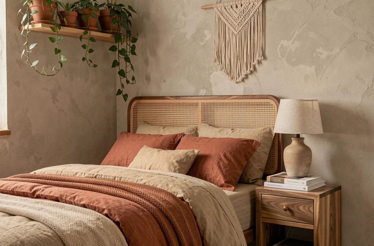 Coin chambre tendance avec tête de lit en rotin, literie en tons terre et table de chevet en noyer massif