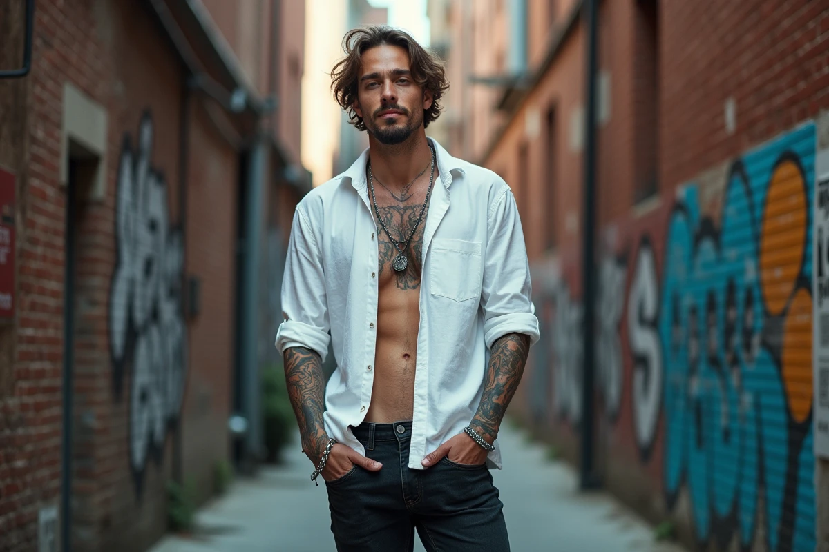 Chanteur tatoué debout dans une ruelle urbaine avec street art, manches retroussées révélant ses tatouages complets