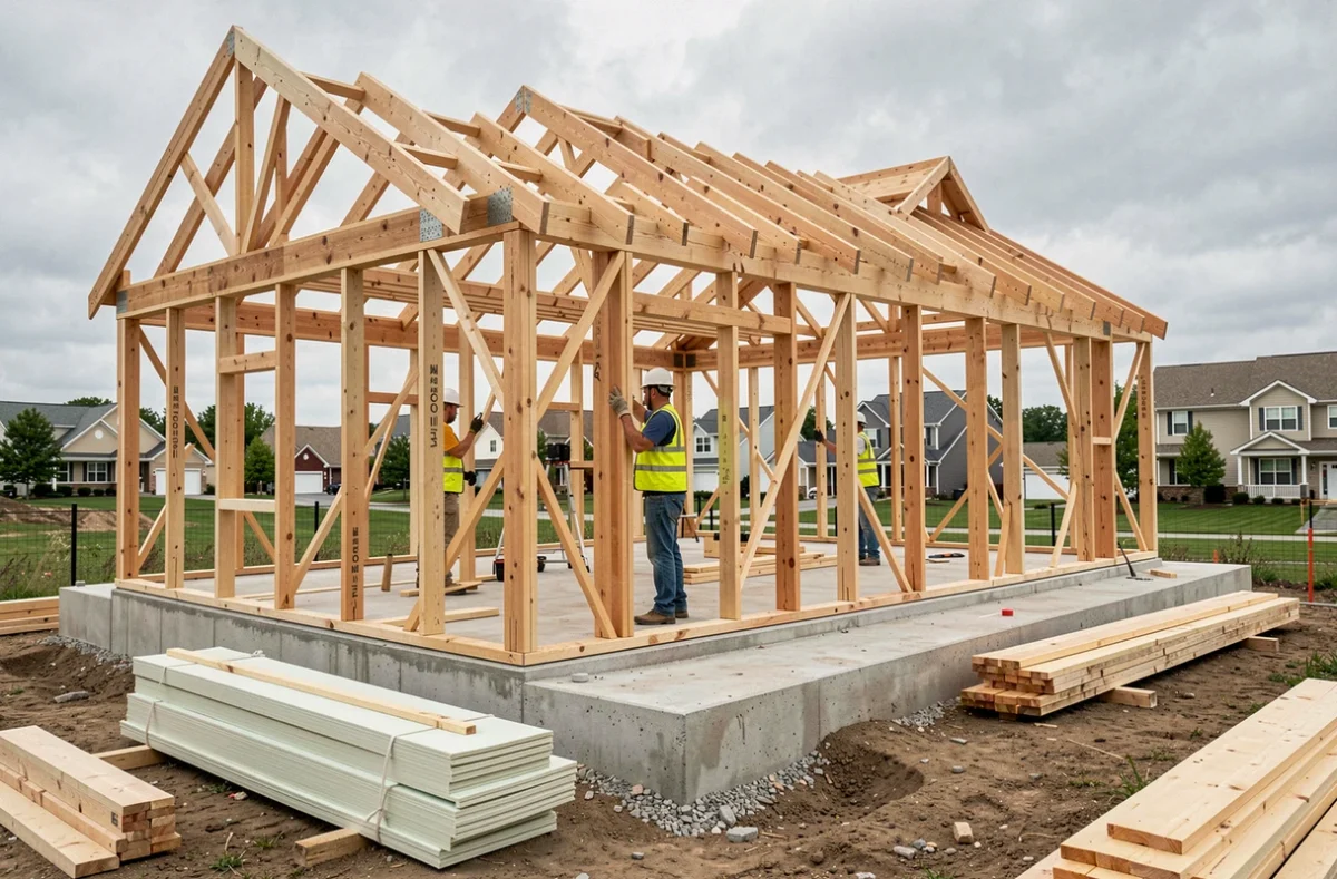 Chantier de construction d'une maison sur mesure avec ossature bois et ouvriers en activité
