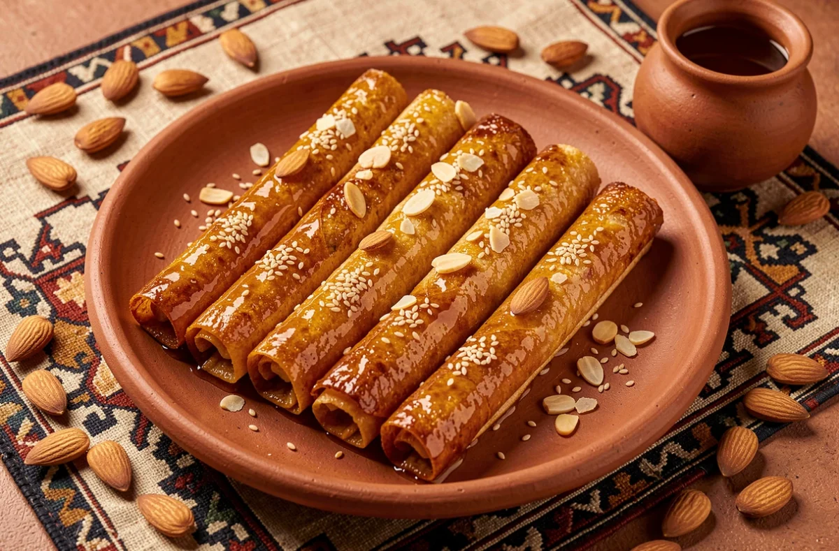 Cigares croustillants aux amandes et au miel dorés à la poêle sur une assiette en terracotta