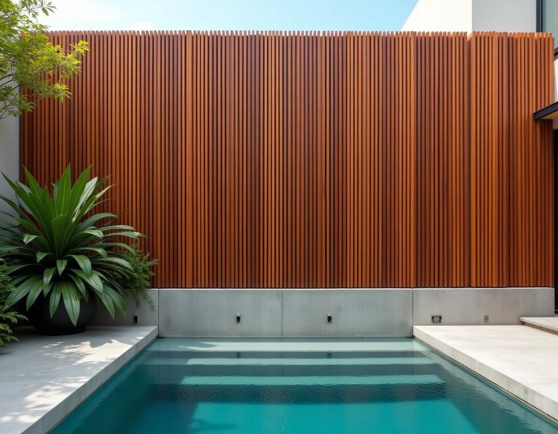 Claustra en lames verticales bois composite installé comme décoration murale autour d'une piscine extérieure