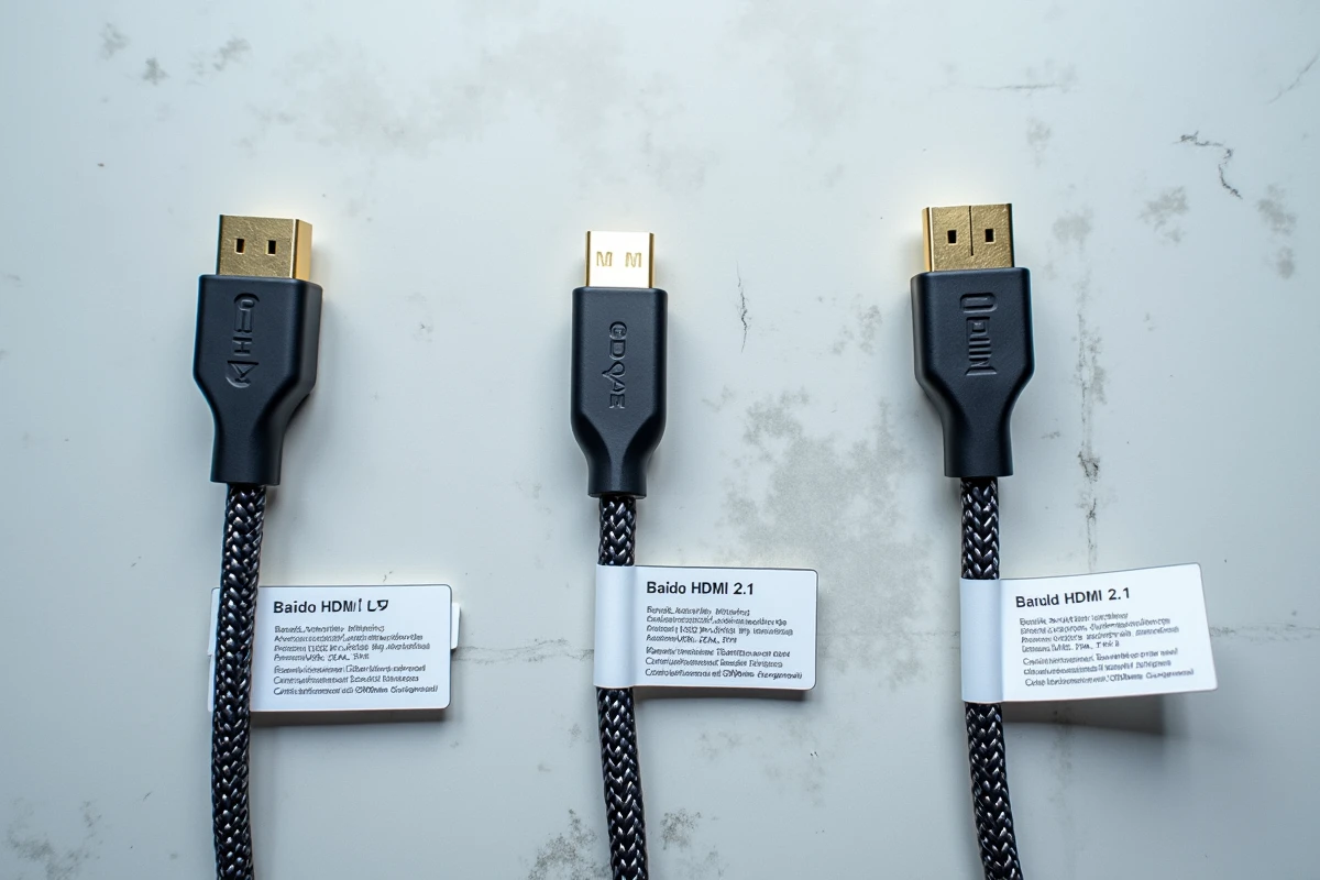 Comparaison de trois câbles HDMI de qualités différentes posés côte à côte sur fond béton, dont un câble HDMI 2.1 premium pour PS5