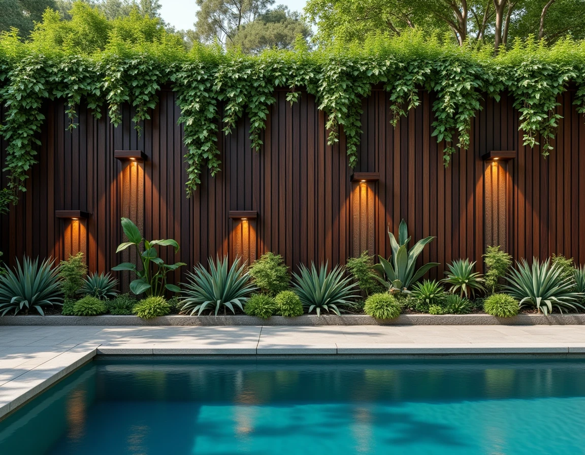 Composition décorative murale mixte avec tasseaux bois, végétaux et spots encastrés autour d'une piscine extérieure