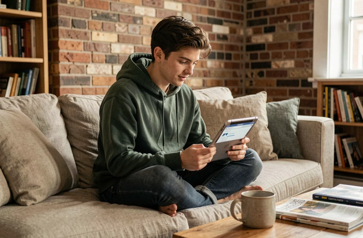 Jeune personne configurant une adresse mail Strasbourg sur tablette dans un appartement chaleureux