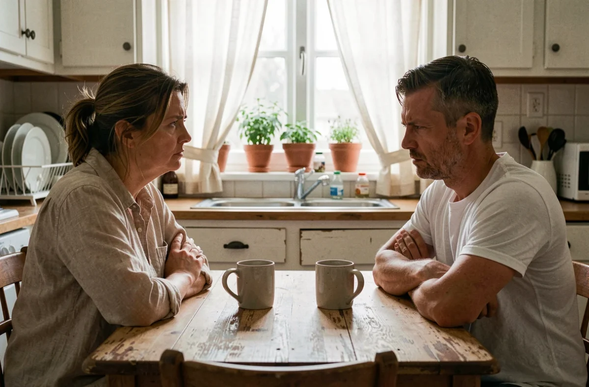 Couple en tension assis à une table de cuisine, illustrant un conflit relationnel au quotidien