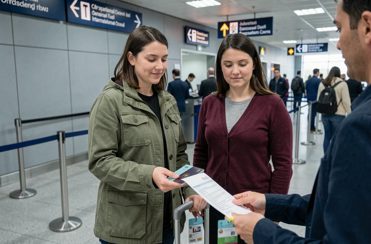 Deux adultes présentant les documents d'un enfant mineur au contrôle des passeports dans un aéroport international