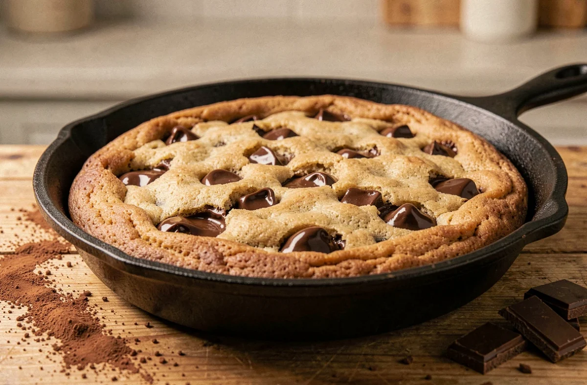 Cookie géant au chocolat cuit dans une poêle en fonte avec un centre fondant et des éclats de chocolat noir