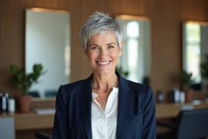 Femme senior avec une coupe courte pixie moderne en salon de coiffure, dégageant une allure élégante et rajeunie