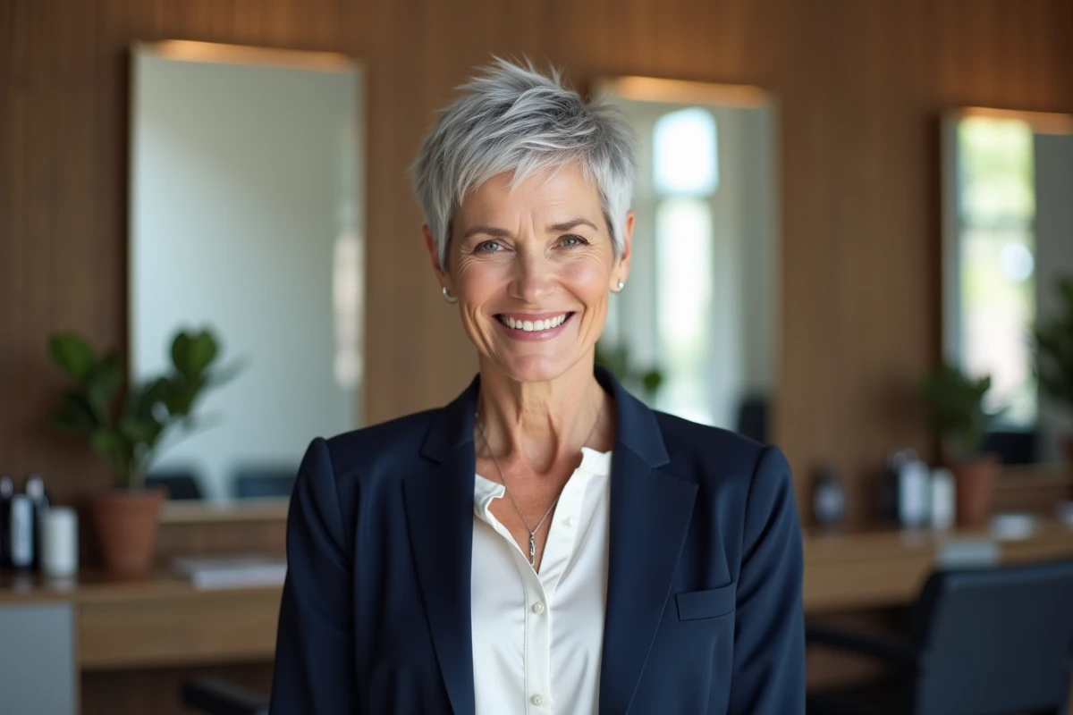 Femme senior avec une coupe courte pixie moderne en salon de coiffure, dégageant une allure élégante et rajeunie
