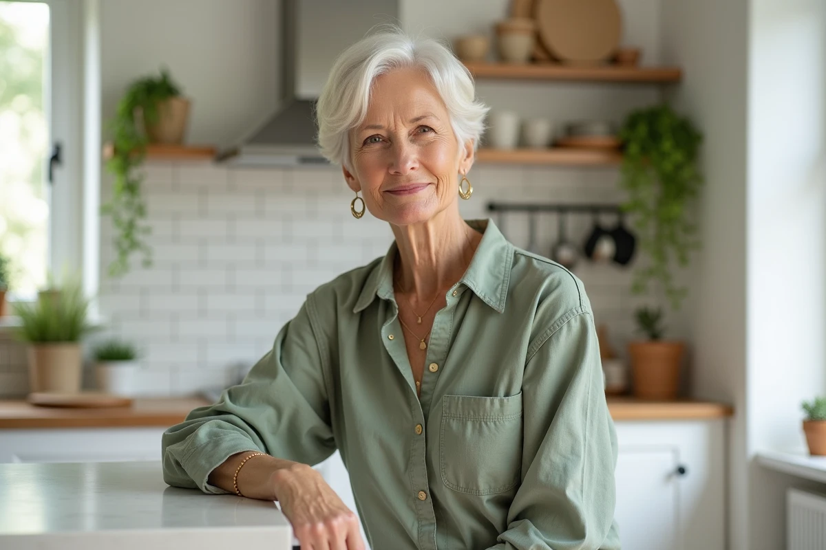 Femme senior avec une coupe courte ondulée blanche tendance dans une cuisine moderne, style de vie naturel et élégant