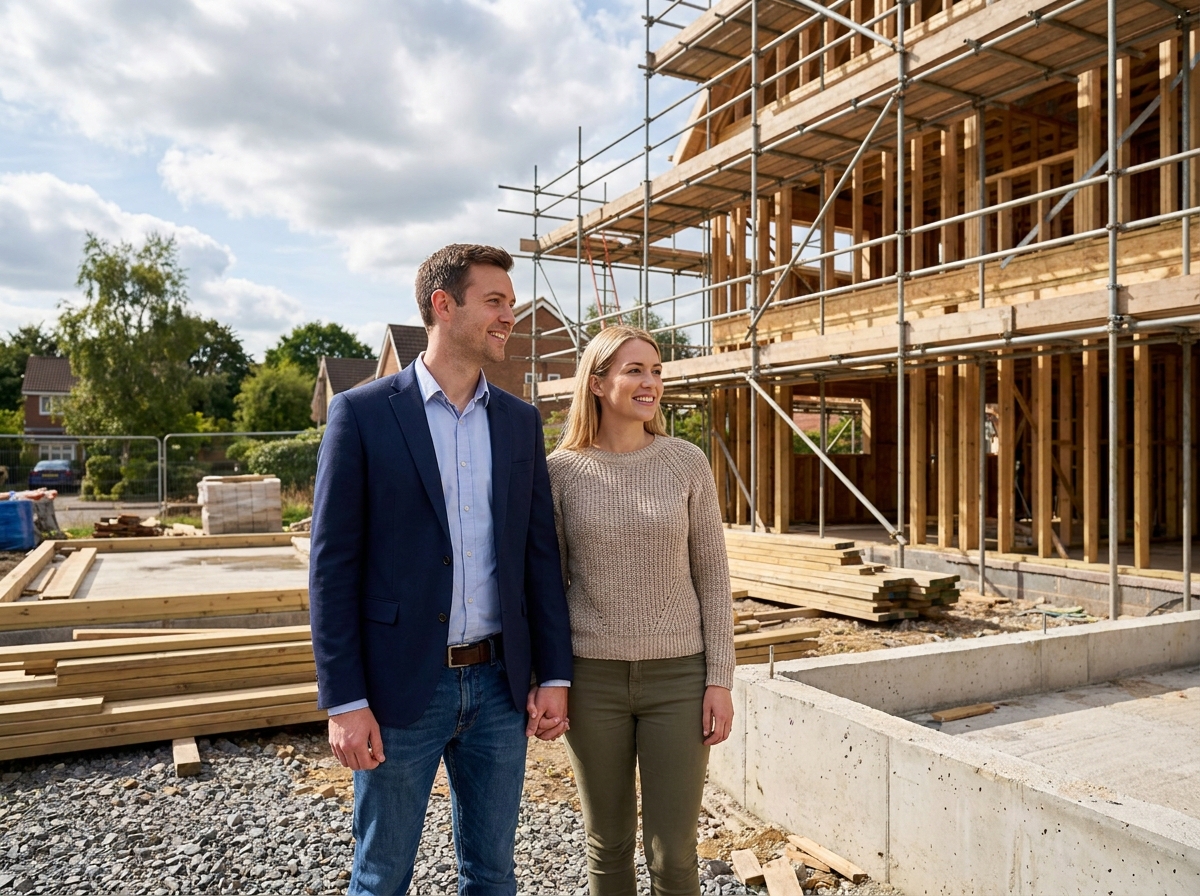 Jeune couple observant une maison en construction avec scaffolding