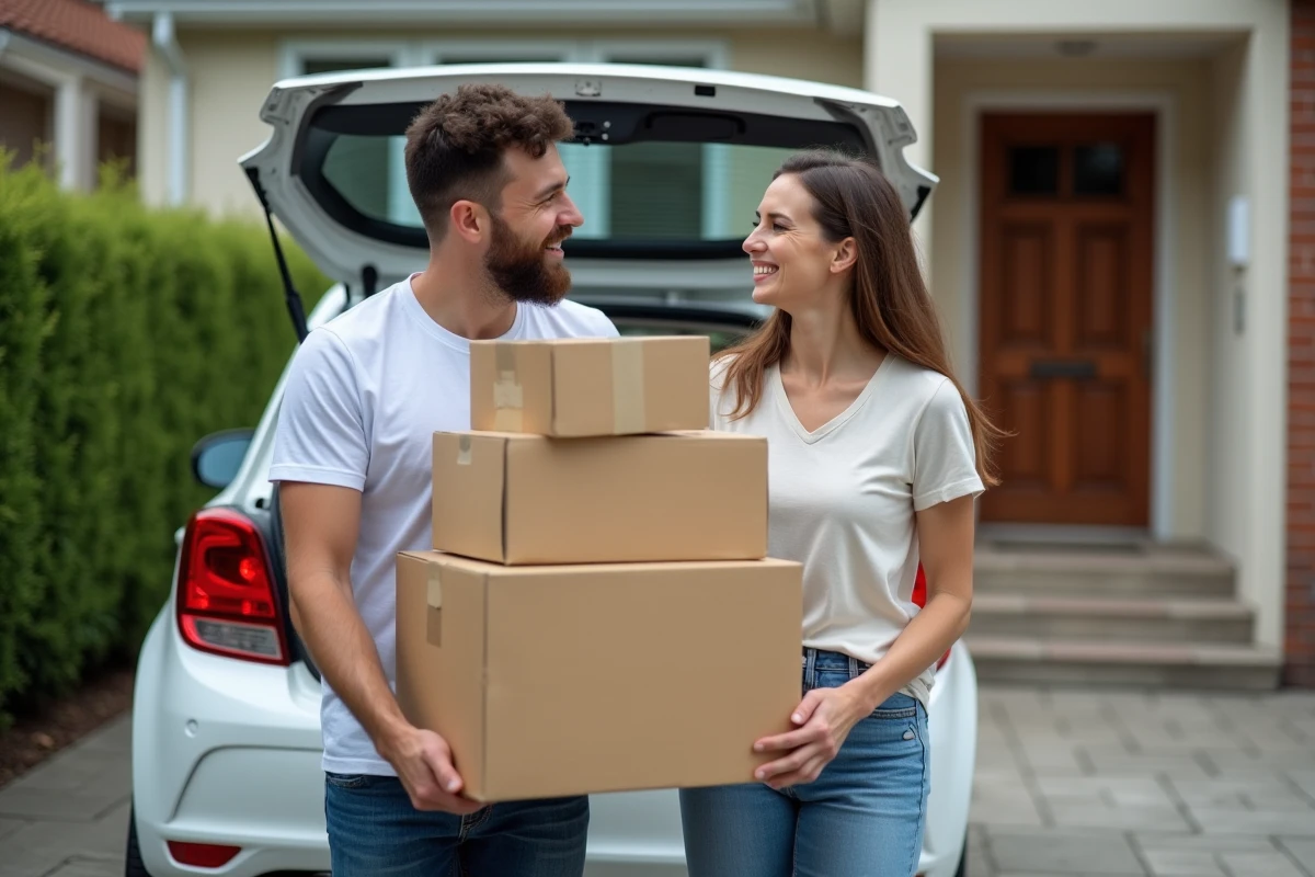 Couple déchargeant des cartons de déménagement pas chers devant leur nouvelle maison