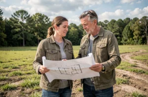 Couple examinant des plans architecturaux sur leur terrain à bâtir pour la construction de leur maison sur mesure