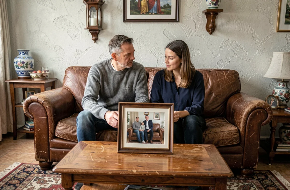 Couple regardant un portrait de famille ancien dans un salon, évoquant la transmission des origines et de l'identité familiale