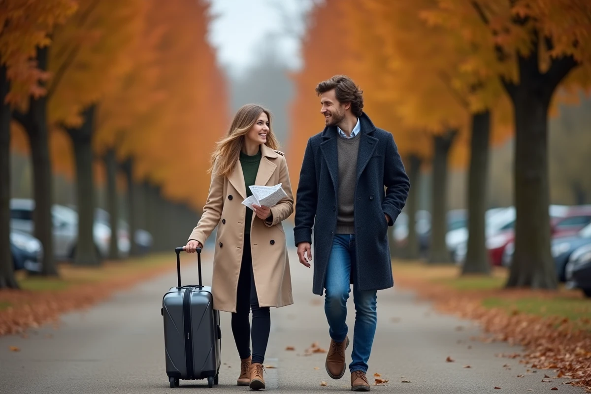 Couple de touristes marchant dans un parking gratuit arboré près du Château de Versailles avec valise et carte routière