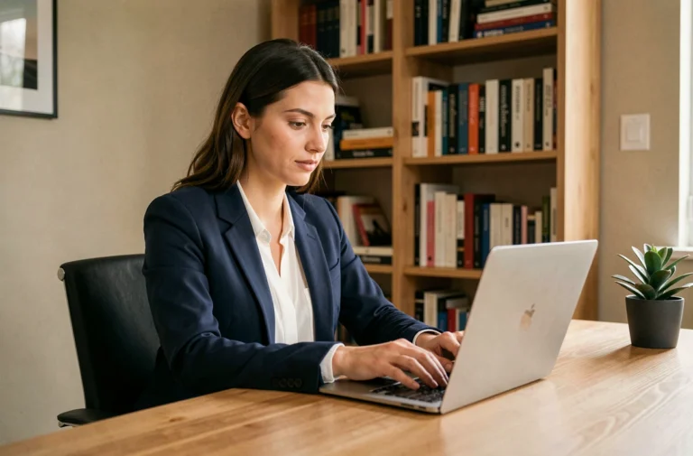 Femme créant une adresse mail Strasbourg sur son ordinateur portable dans un bureau moderne