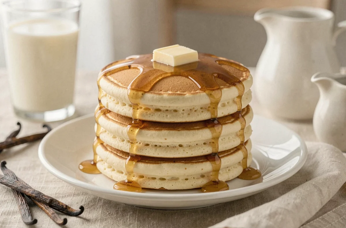 Crêpes épaisses moelleuses au lait et à la vanille empilées avec du sirop d'érable et du beurre fondu