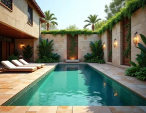 Vue d'ensemble d'une piscine extérieure décorée avec des murs ornés de différents éléments décoratifs originaux