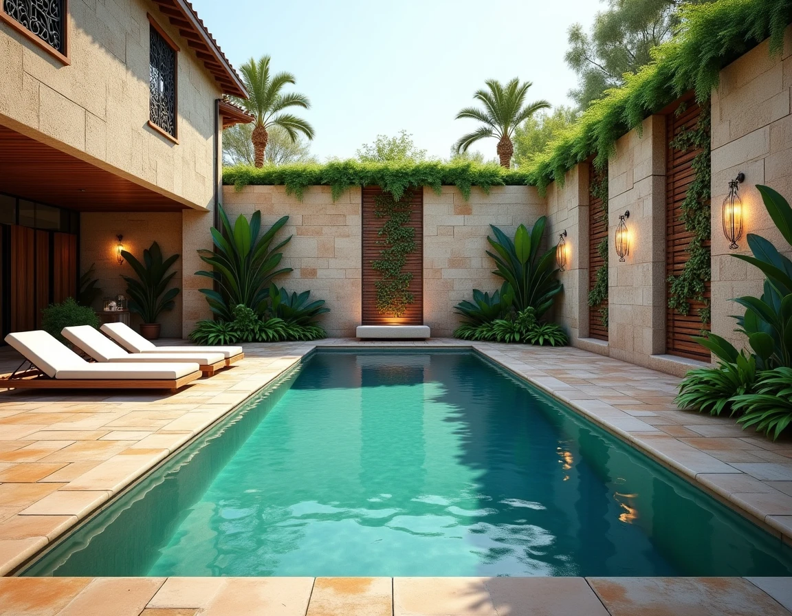 Vue d'ensemble d'une piscine extérieure décorée avec des murs ornés de différents éléments décoratifs originaux