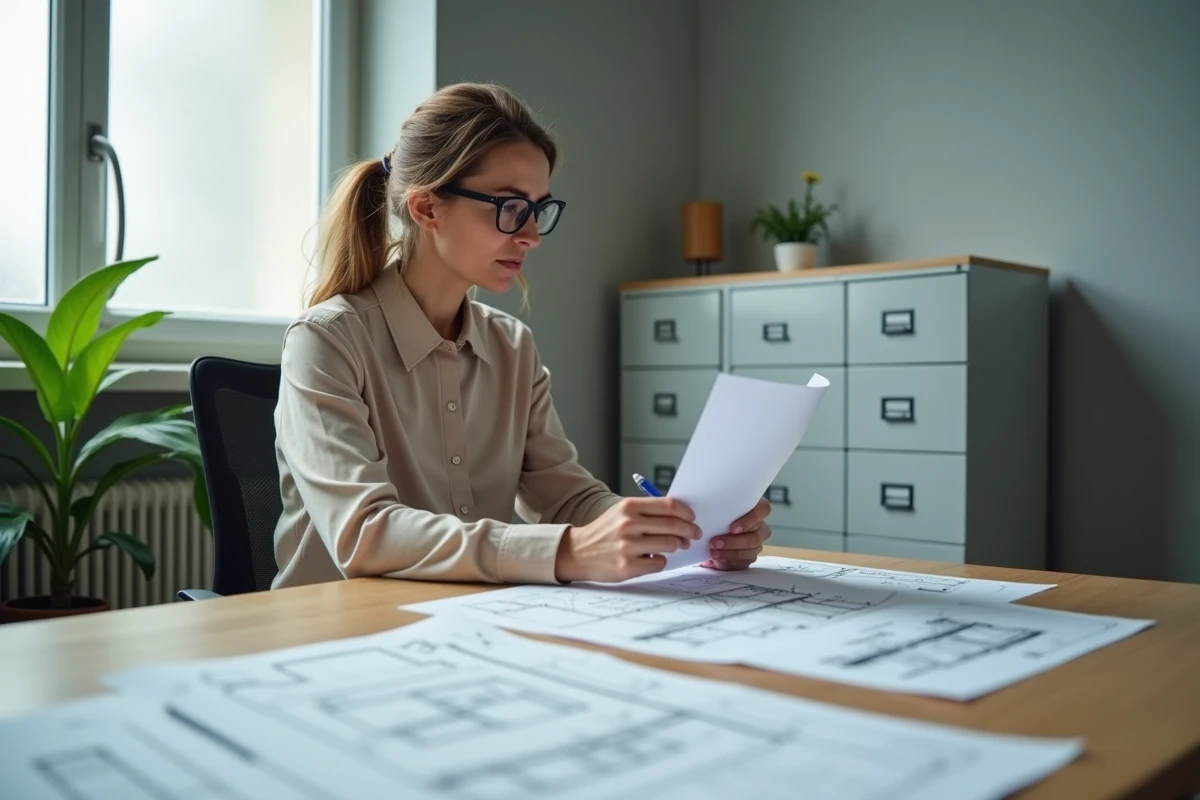 Femme consultant des documents administratifs pour une demande d'autorisation de changement de fenêtres en mairie