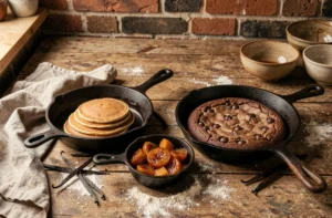 Assortiment de desserts cuits à la poêle présentés dans des poêles en fonte sur un comptoir de cuisine rustique