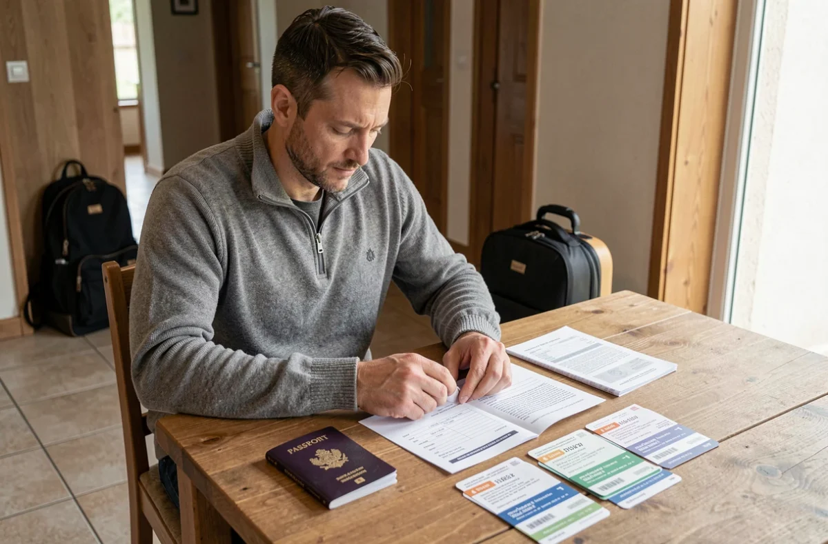 Père organisant les documents de voyage pour un enfant mineur à la table familiale avant le départ