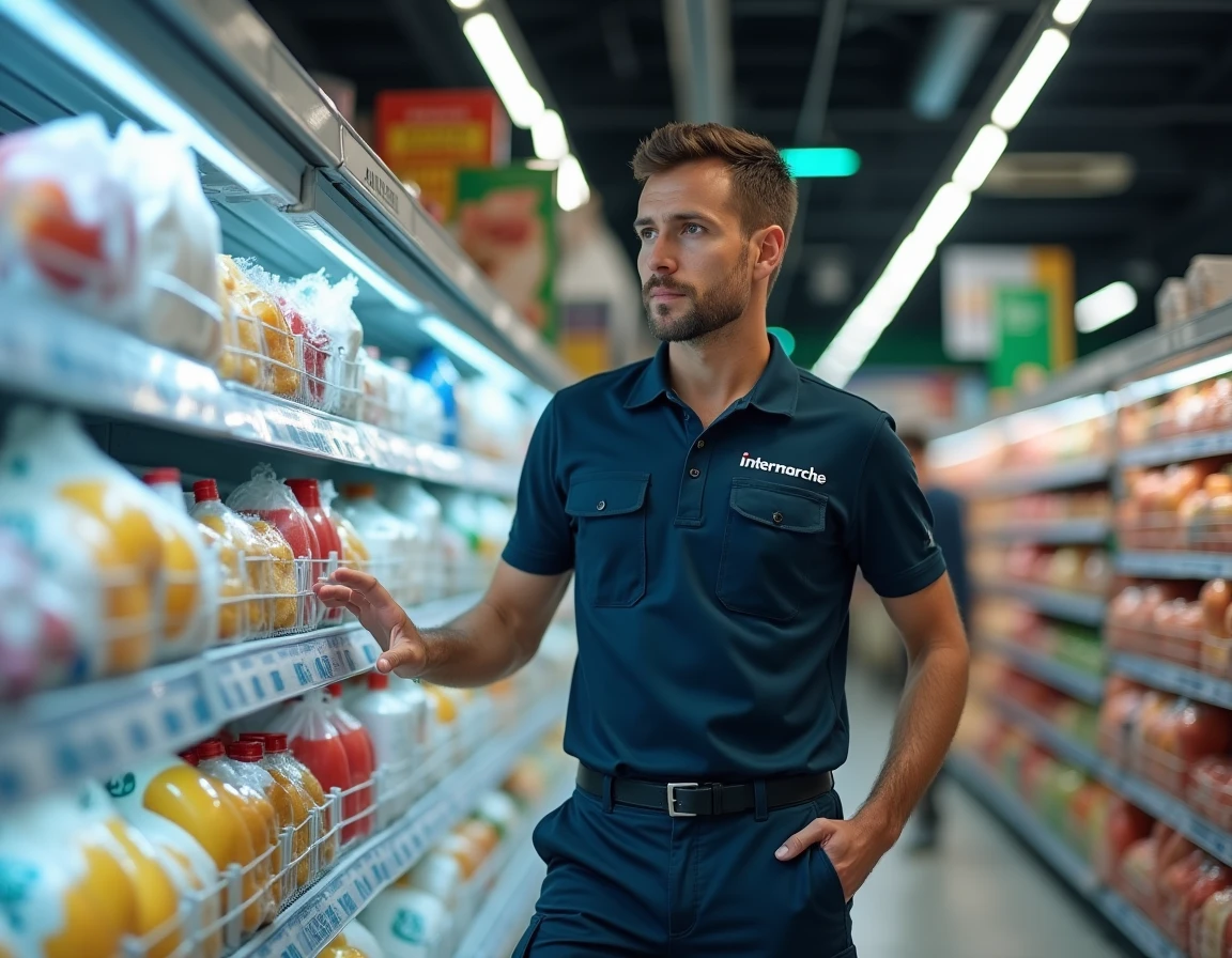 Employé Intermarché en vêtements de travail ergonomiques dans le rayon réfrigéré d'un supermarché