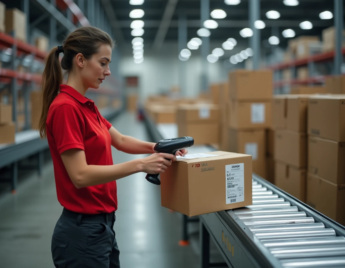 Employée logistique DPD scannant un colis Zalando sur un tapis roulant dans un entrepôt de tri