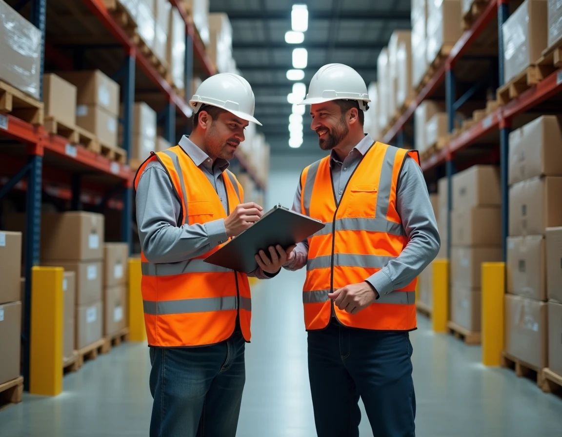 Deux employés Intermarché en gilets haute visibilité et vêtements de travail dans un entrepôt logistique