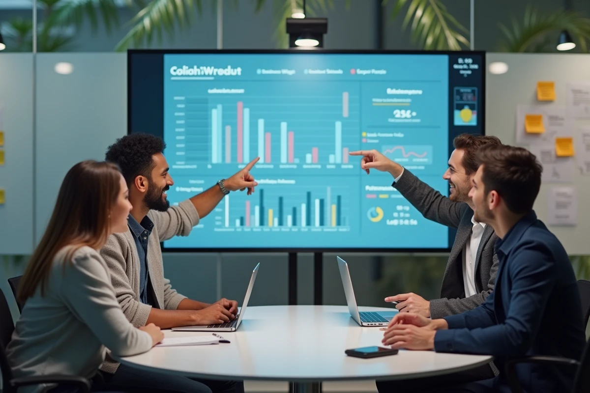 Équipe professionnelle collaborant autour d'un tableau de bord numérique lors d'un atelier de transformation digitale en entreprise