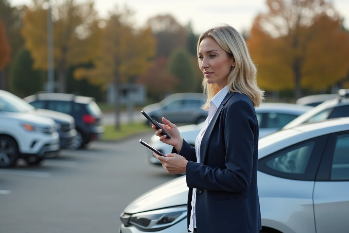 Femme consultant une application d'estimation de voiture sur smartphone à côté d'un véhicule dans un parking
