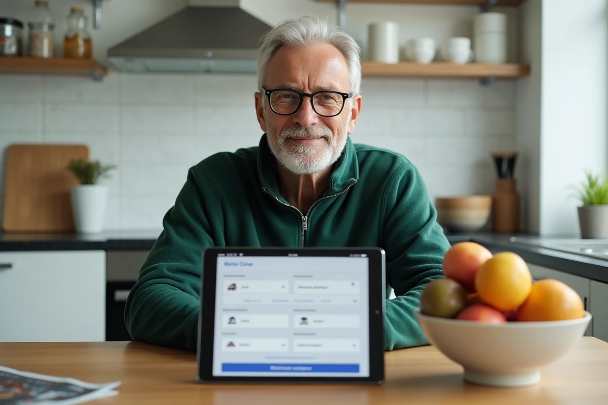 Homme remplissant un formulaire d'estimation de voiture en ligne sur une tablette dans une cuisine moderne