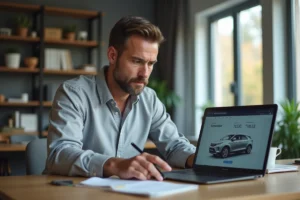 Homme utilisant un outil en ligne d'estimation de voiture sur un ordinateur portable dans un bureau à domicile