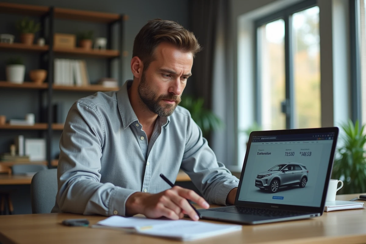 Homme utilisant un outil en ligne d'estimation de voiture sur un ordinateur portable dans un bureau à domicile
